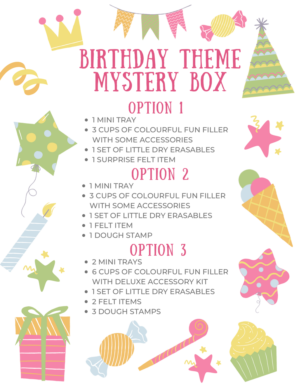Playful birthday-themed graphic with party icons and three mystery box options listed in colorful text