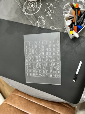 Transparent acrylic sheet with numbered grid 1 to 100 resting on black surface near whiteboard markers and patterned fabric