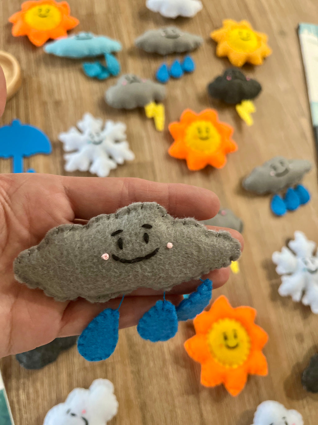 Hand holding a gray felt cloud with a smiling embroidered face and blue raindrops, surrounded by colorful Felt Weather Shapes, Made in Canada, handcrafted, homeschool, education resources.