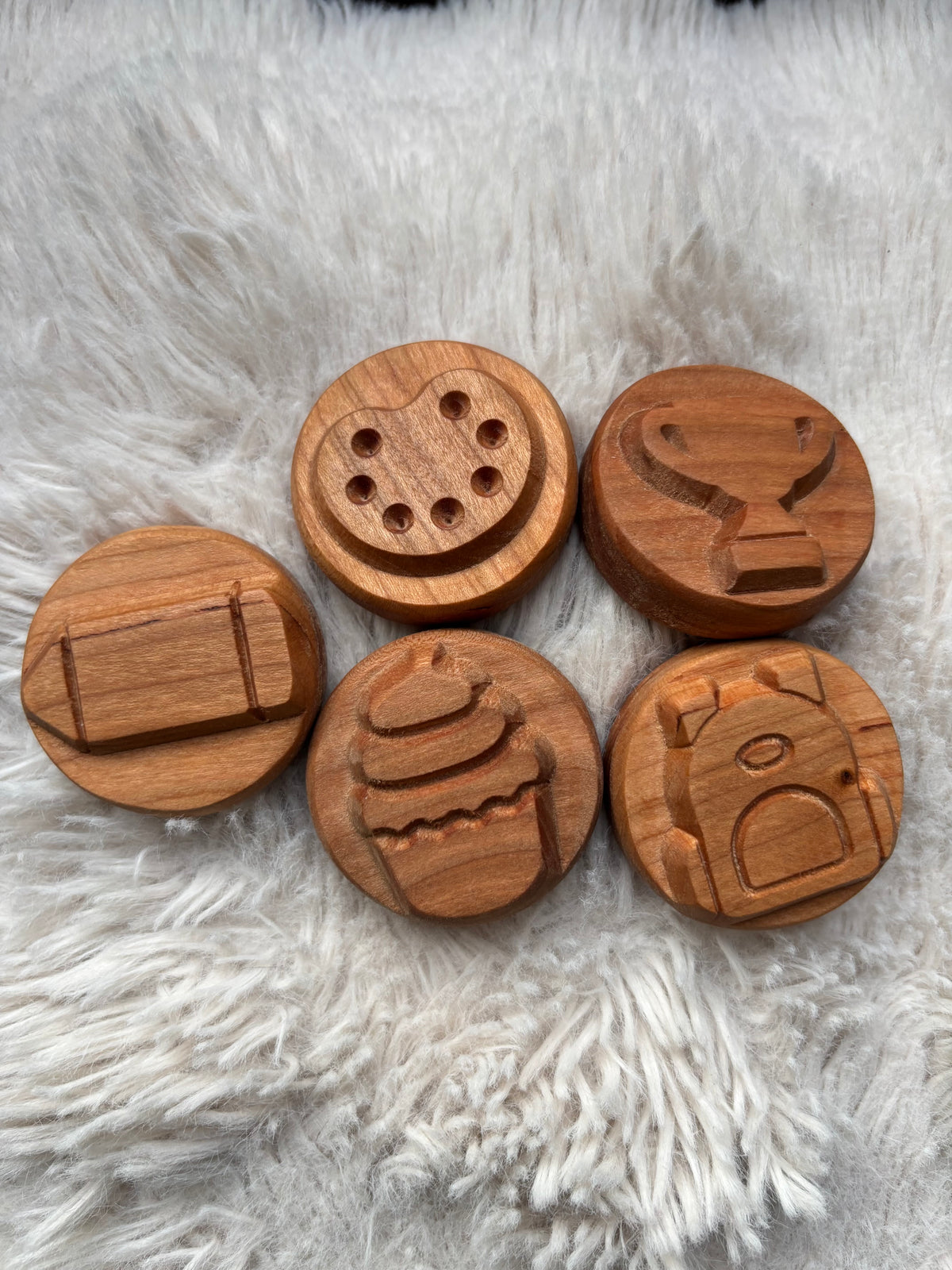 Ready to Ship, Playdough Stampers School featuring handcrafted wooden stampers carved with school-themed designs including a trophy, backpack, cupcake, paper, and paint palette, unique homeschool education resources and wood toys.