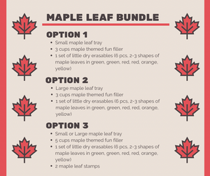 Maple leaf bundle options graphic listing trays, maple-themed fillers, dry erasables, and maple leaf stamps on beige background