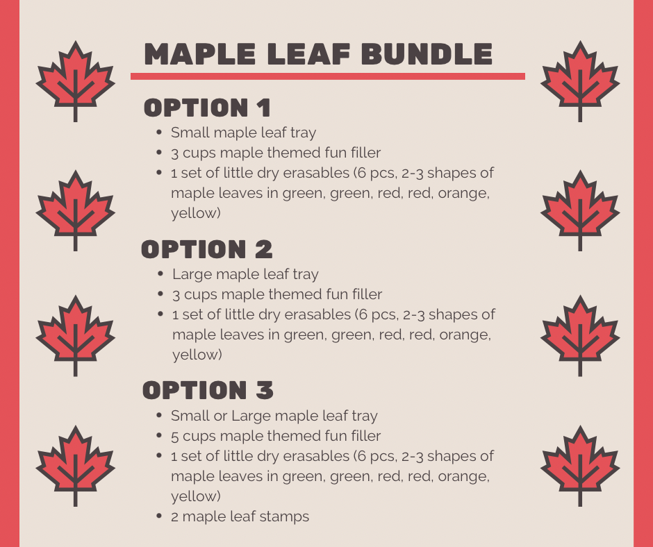 Maple leaf bundle options graphic listing trays, maple-themed fillers, dry erasables, and maple leaf stamps on beige background