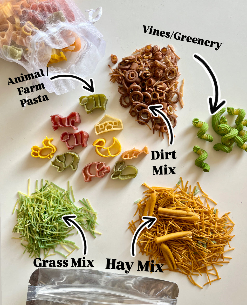 Various colorful pasta shapes including farm animals, dirt-colored rings, green vines, grassy strands, and hay-like pieces on white surface