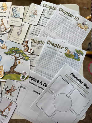 Spread of illustrated character cards, chapter writing practice sheets, a character comparison worksheet, and a character map for Digital Download or Print & Bound - The House at Pooh Corner Book Study, handcrafted homeschool education resources.