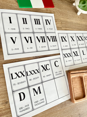 Digital Download | Roman Numeral Flash Cards displaying printable cards with Roman numerals and corresponding numbers in a classic style on a wooden surface, handcrafted homeschool education resources.