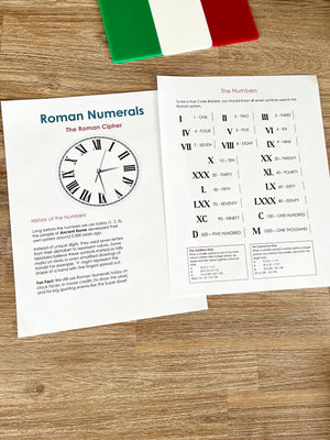 Digital Download | Roman Numerals, Their History & DeCoding Activity showing printed educational pages with a Roman numeral clock diagram, numeral charts, and decoding instructions on a wooden surface with an Italian flag decoration, handcrafted homeschool education resources.