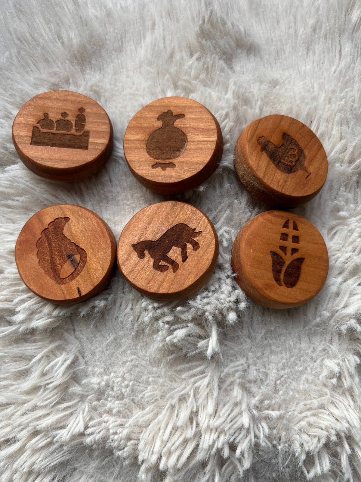 Ready to Ship, Playdough Stampers Farm featuring unique handcrafted wood toys with carved farm-related designs including a barn, fruit, tractor, leaf, horse, and corn, ideal homeschool education resources.