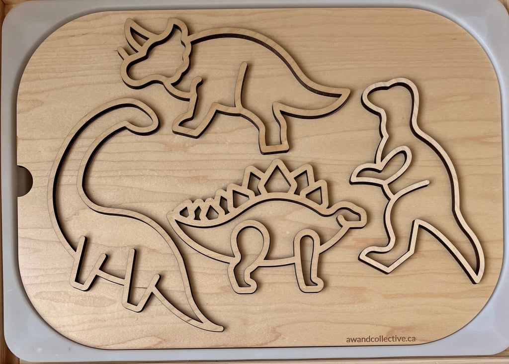 Wooden puzzle board with five dinosaur-shaped pieces including triceratops, T-Rex, brachiosaurus, stegosaurus, and velociraptor outlines.