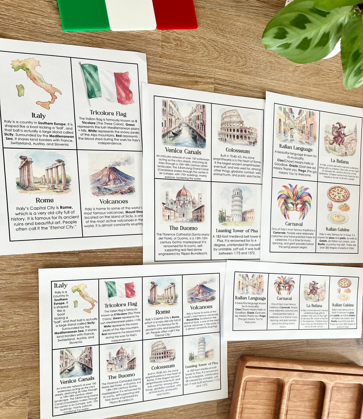 Digital Download | Italy Informational Flash Cards | Comes With 2 Sizes displaying watercolor illustrations and facts about Italy’s landmarks, culture, language, and geography on wooden tabletop with leaf and flag, handcrafted homeschool education resources.