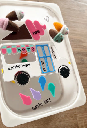 Dry Erasable Ice Cream Truck Flisat Table Bin Lid with colorful felt ice cream cones, writable ice cream truck design, and playful dry erase surfaces for sensory filler, handcrafted, homeschool, education resources.