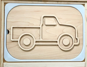 Wooden fillable truck-shaped Flisat table top insert made from light maple plywood with smooth edges