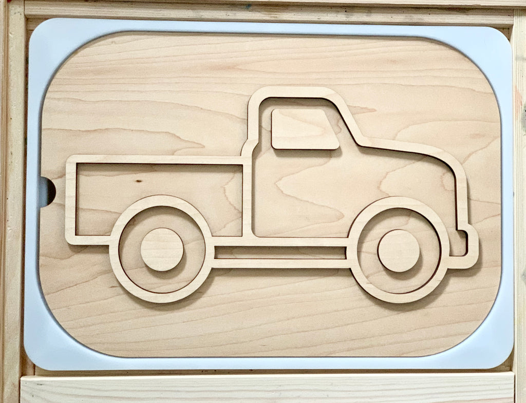 Wooden fillable truck-shaped Flisat table top insert made from light maple plywood with smooth edges