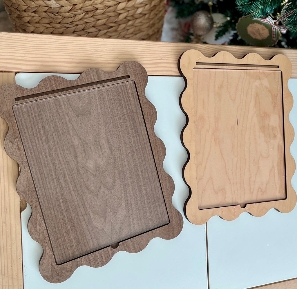 Two wooden Walnut Laser Cut Writing Sensory Tray for 8.5 x 11 sheets with Dry Erase Inserts and Slot for Acrylic - Scalloped Design in dark walnut and natural wood tones, handcrafted homeschool educational resources.