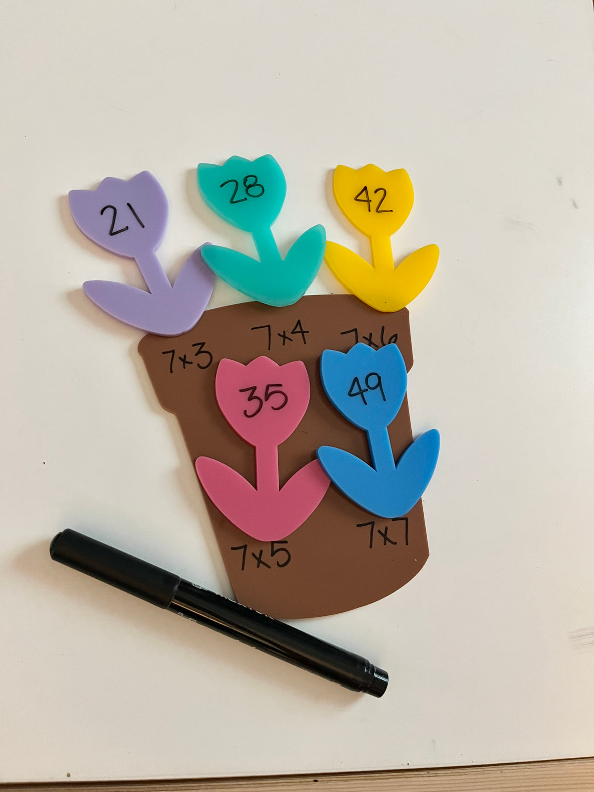 Little Dry Erasables - Large Pot with Pastel Flowers featuring colorful flower shapes with multiplication facts, a dry-erase marker, and handcrafted homeschool education resources for interactive math learning.