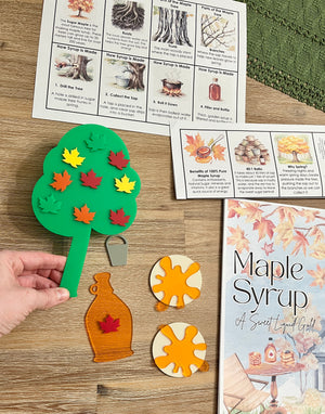 Little Dry Erasables - Pancakes with Maple Syrup, Maple Tree and Leaves featuring a green maple tree with colorful leaf magnets, wooden syrup bottle, pancake pieces, a small bucket, and educational cards, handcrafted homeschool education resources.