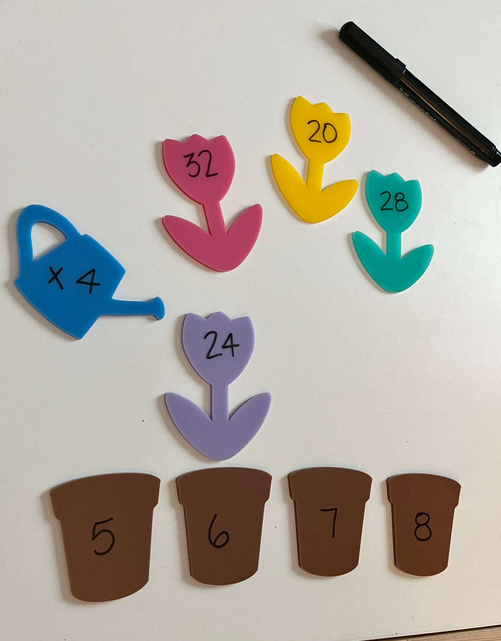 Little Dry Erasables - Pastel Flowers with Brown Pots and Watering Can showing colorful flower shapes with multiplication facts, brown pots numbered 5 to 8, and a blue watering can, handcrafted homeschool education resources.
