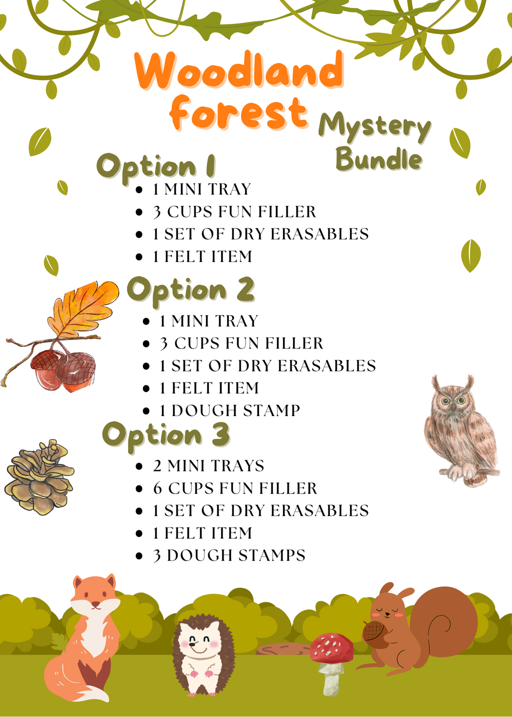 Woodland forest mystery bundle options with illustrated fox, hedgehog, squirrel, owl, leaves, acorns, pinecone, and mushroom on white background