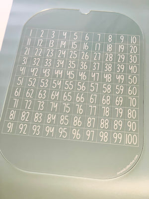 Clear acrylic sheet featuring numbers from 1 to 100 arranged in a grid pattern with ten columns and ten rows