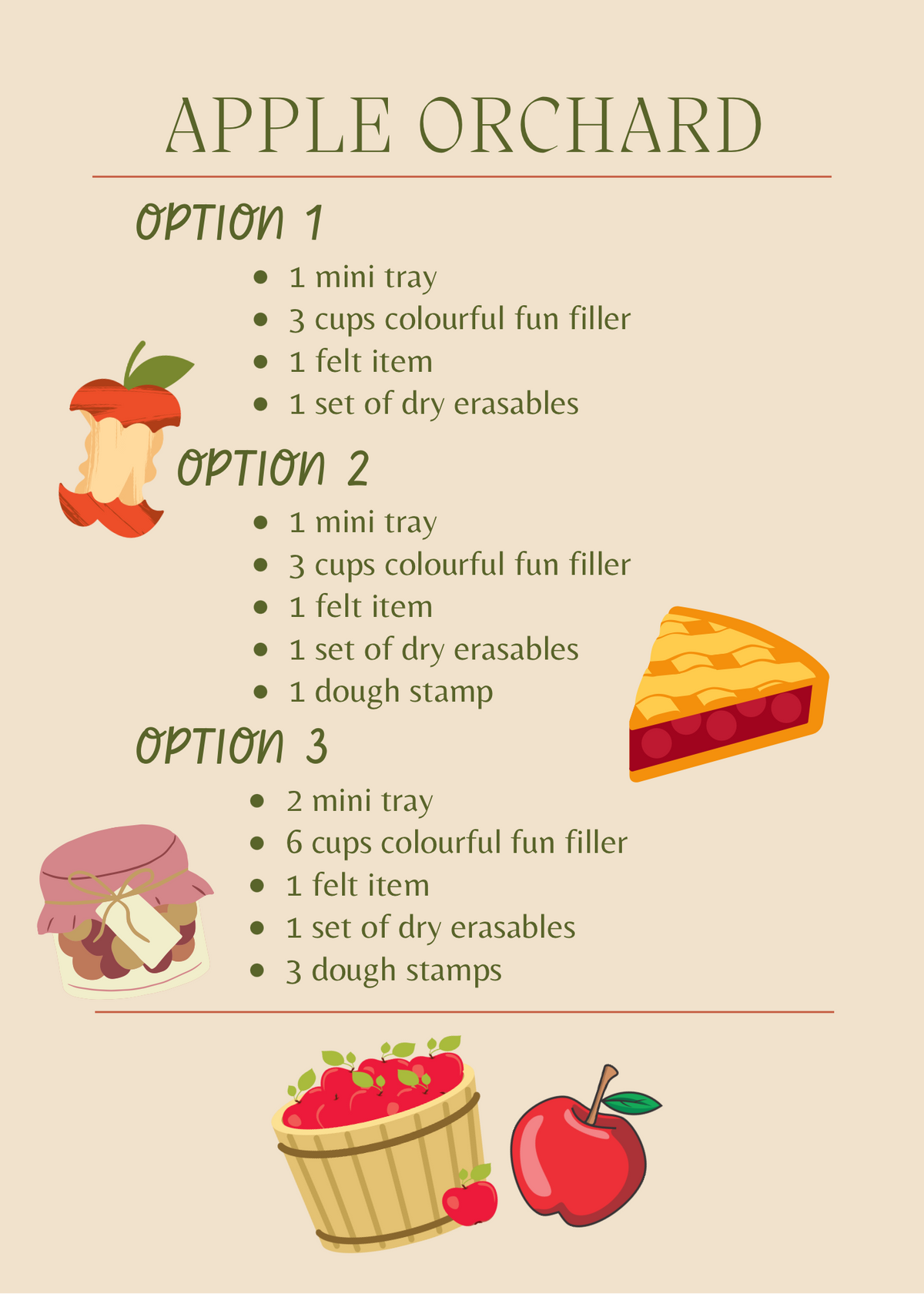 Illustrated list of three Apple Orchard options with trays, colorful filler, felt items, dry erasables, dough stamps, and apple-themed graphics