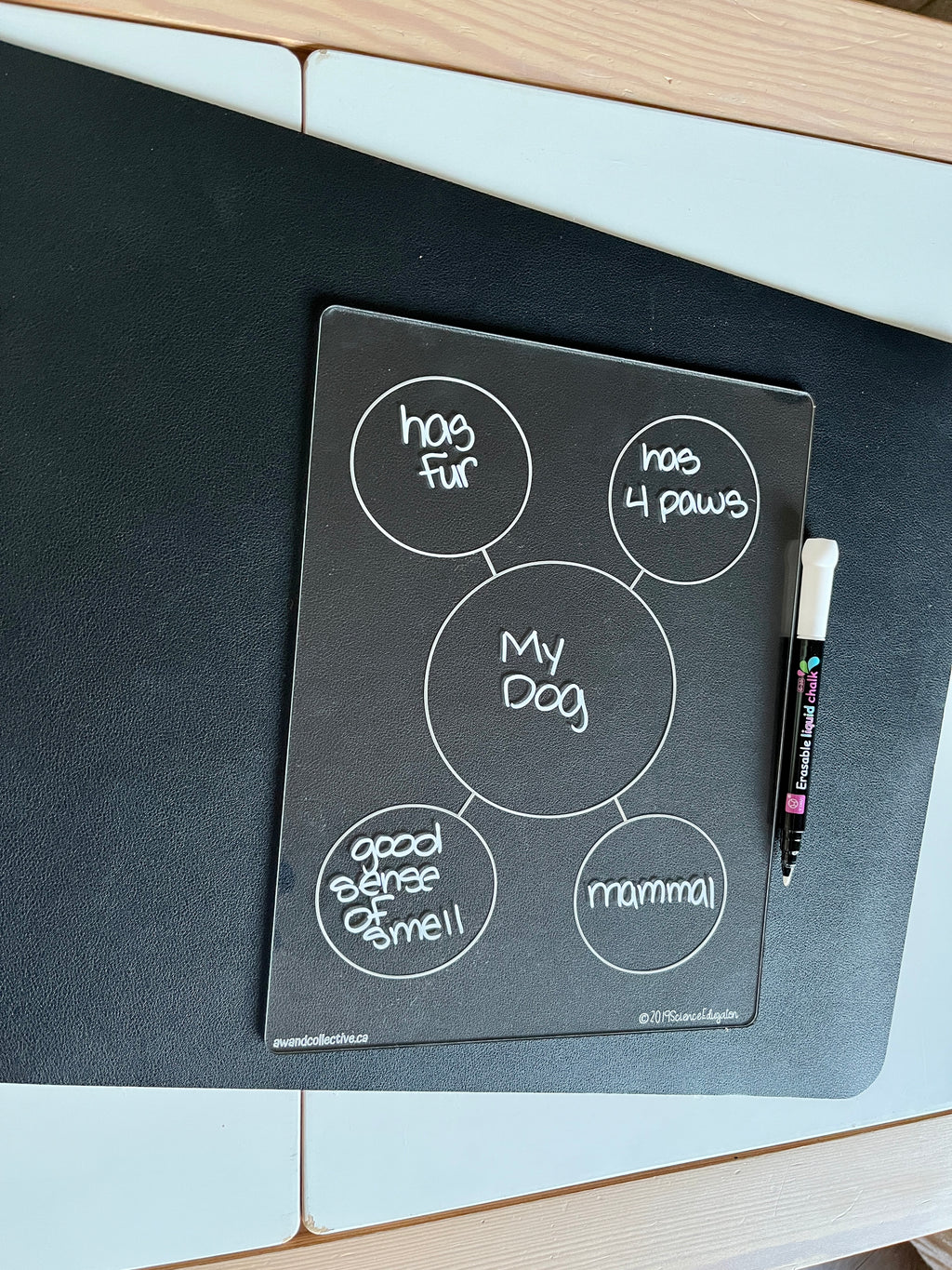 Black dry erase board with dog traits written in white marker and a black marker with eraser attached nearby