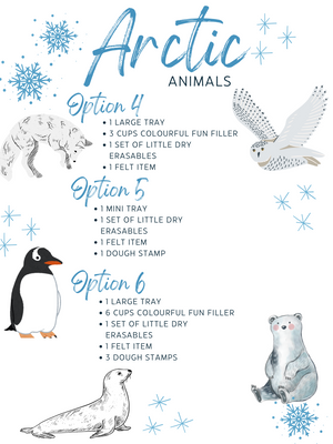 Text overlay describing three Arctic animal bundle options with illustrations of a fox, snowy owl, penguin, seal, and polar bear with snowflakes on white background