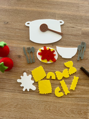 Little Dry Erasables - Pasta with Sauce, Pot, Plate, Bowl and Cutlery featuring handcrafted wooden pasta shapes, sauce splatters, cooking pot, utensils, and sensory strawberries for homeschool education resources.