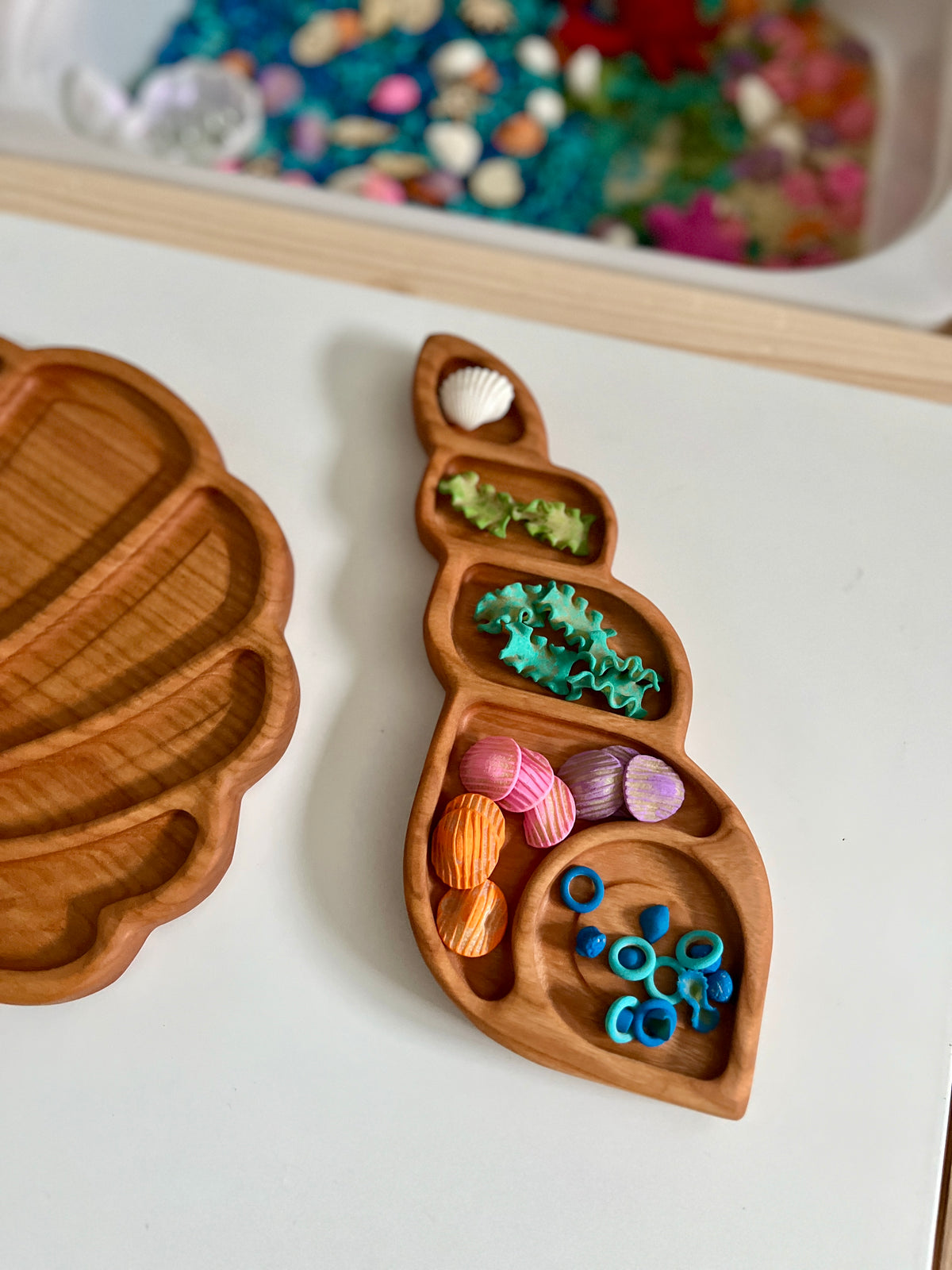 Wooden shell-shaped tray with small colorful felt seashells and coral pieces on a white surface