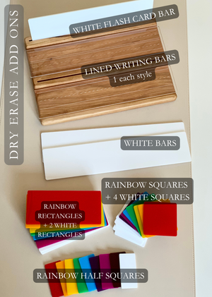 Wooden and white dry erase add-on trays with various rainbow colored shapes including squares, rectangles, and half squares on beige background