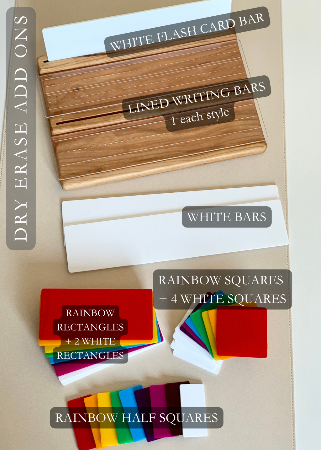 Wooden and white dry erase add-on trays with various rainbow colored shapes including squares, rectangles, and half squares on beige background