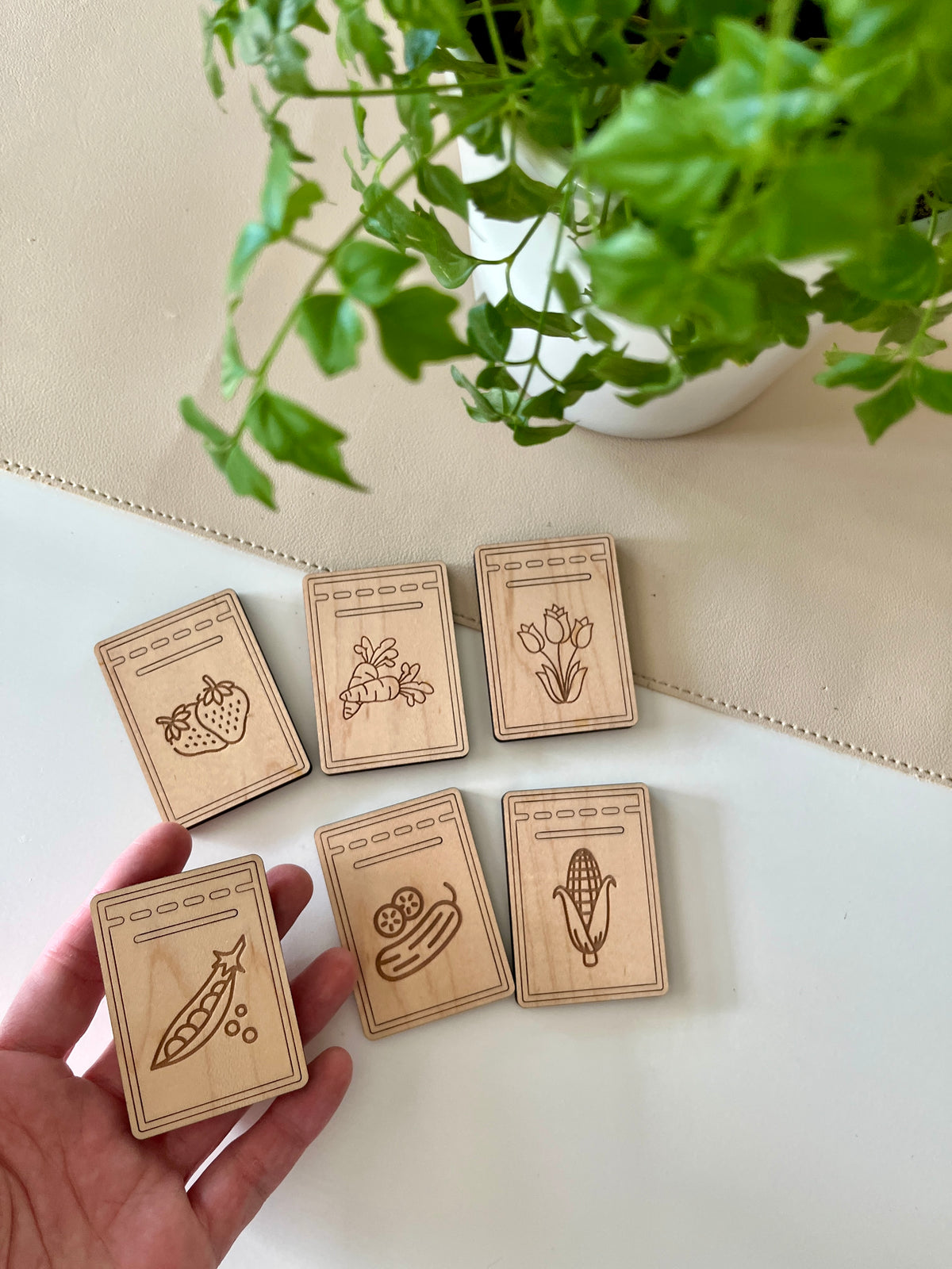 Hand holding rectangular wooden tokens with engraved vegetable and flower designs near a green potted plant on a light surface
