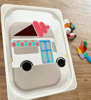 Dry Erasable Ice Cream Truck Flisat Table Bin Lid with colorful felt ice cream cones and bright wooden scoops, designed for interactive sensory filler play, handcrafted, homeschool, education resources.