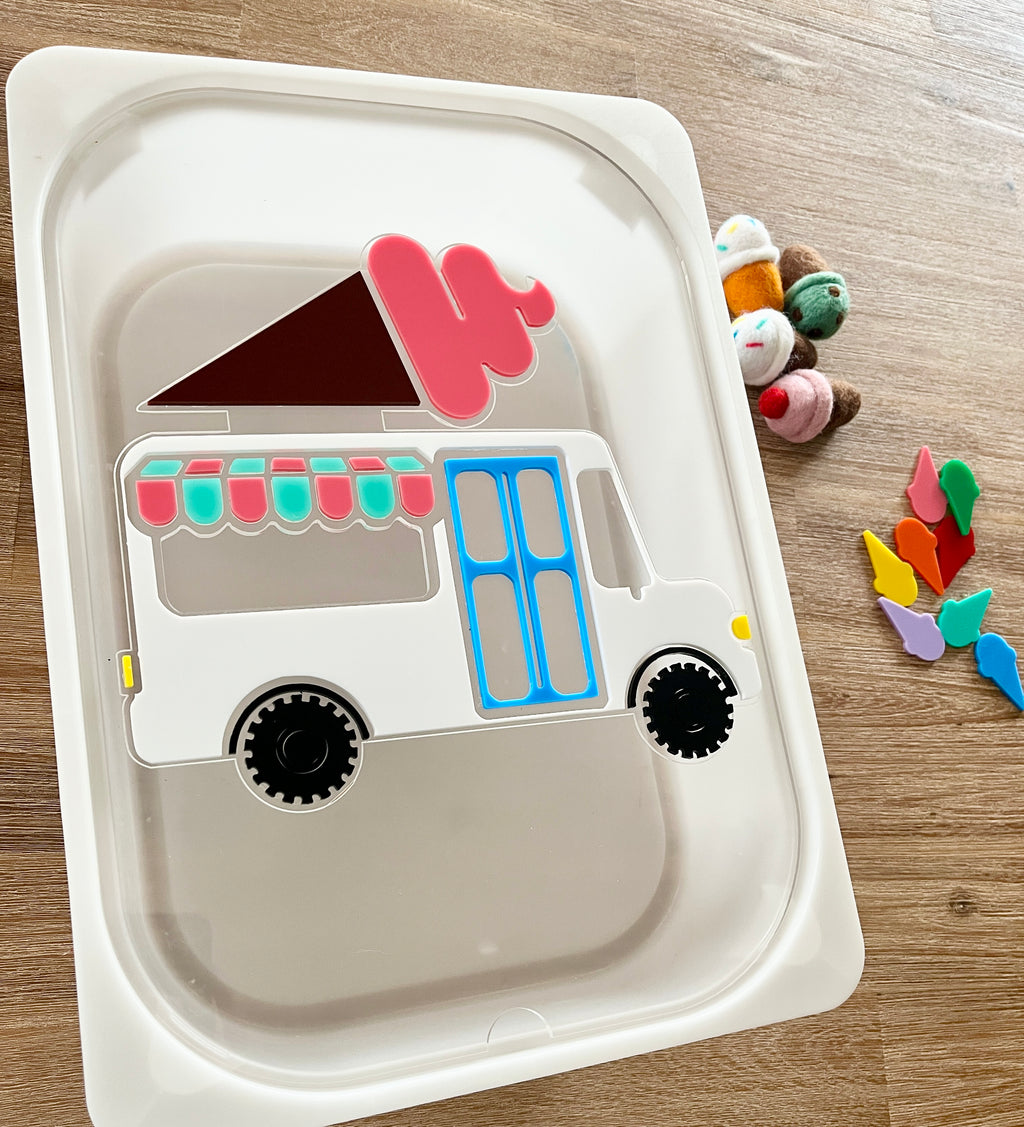 Dry Erasable Ice Cream Truck Flisat Table Bin Lid with colorful felt ice cream cones and bright wooden scoops, designed for interactive sensory filler play, handcrafted, homeschool, education resources.