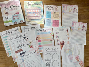 Digital Download | Ice Cream Unit Study featuring printable pages including vocabulary match, writing prompts, tasting log, coloring activities, and fun educational worksheets for handcrafted homeschool education resources.