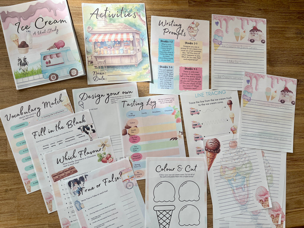 Digital Download | Ice Cream Unit Study featuring printable pages including vocabulary match, writing prompts, tasting log, coloring activities, and fun educational worksheets for handcrafted homeschool education resources.