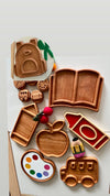 Mini Back to School Wooden Plate / Sensory Tray | Book, Pencil, Crayon, Backpack, Bus, Apple and Paint Palette Trays
