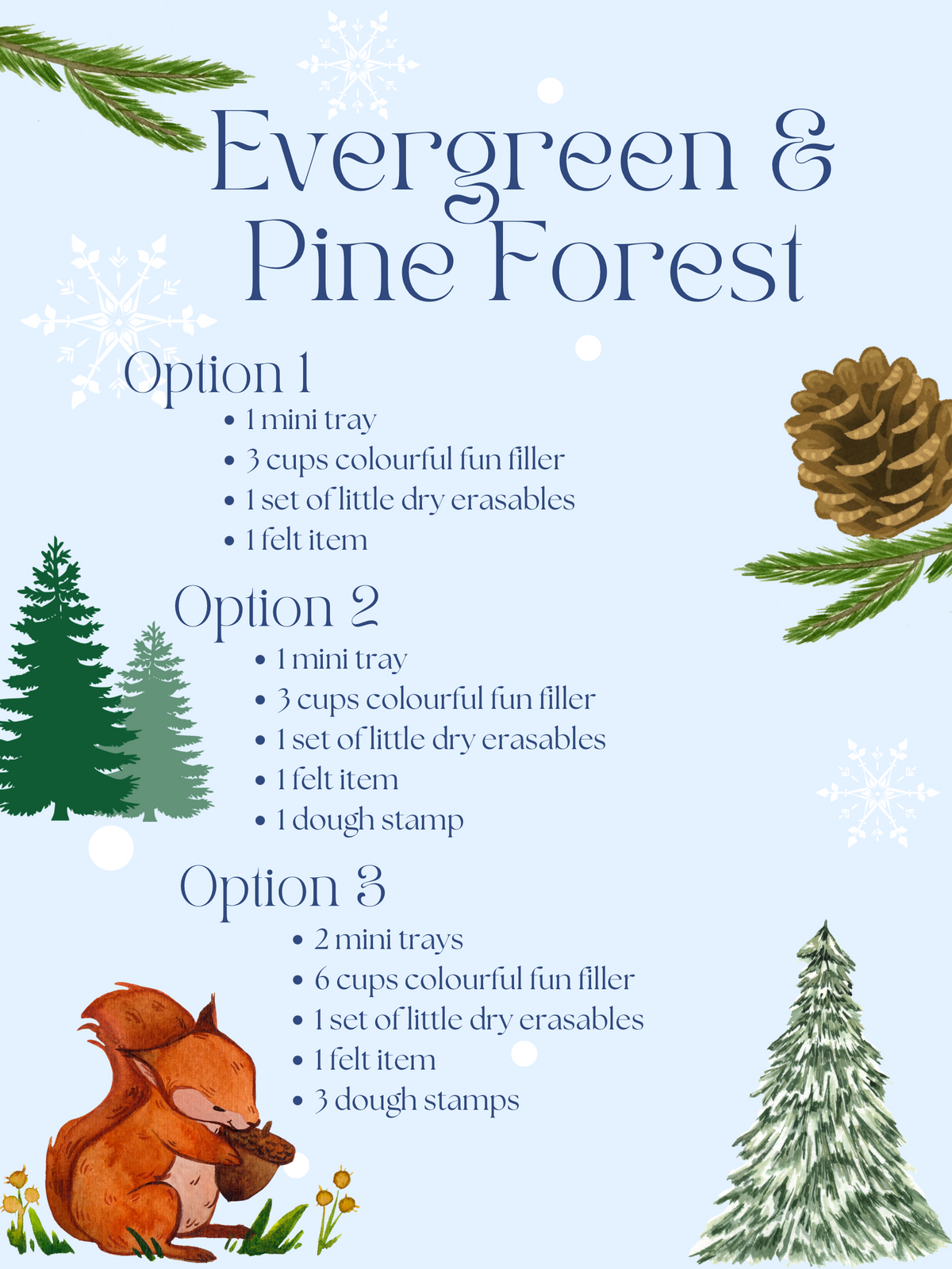 Winter-themed options list with illustrated pine trees, pinecones, a squirrel, and snowflakes on light blue background