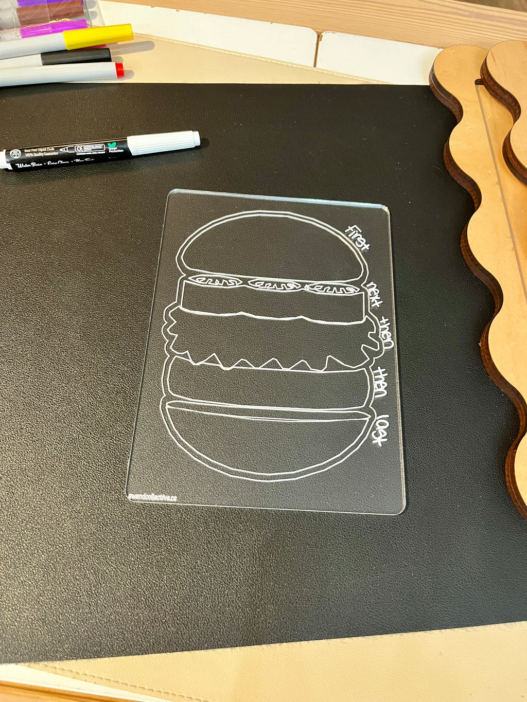 Clear plastic sheet with a hamburger diagram labeled with layers written on a black surface beside markers and wooden shapes