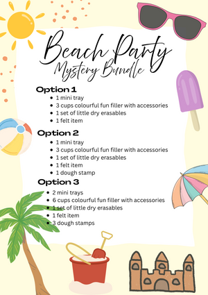Summer-themed graphic listing three Beach Party mystery bundle options with colorful beach icons and playful fonts.