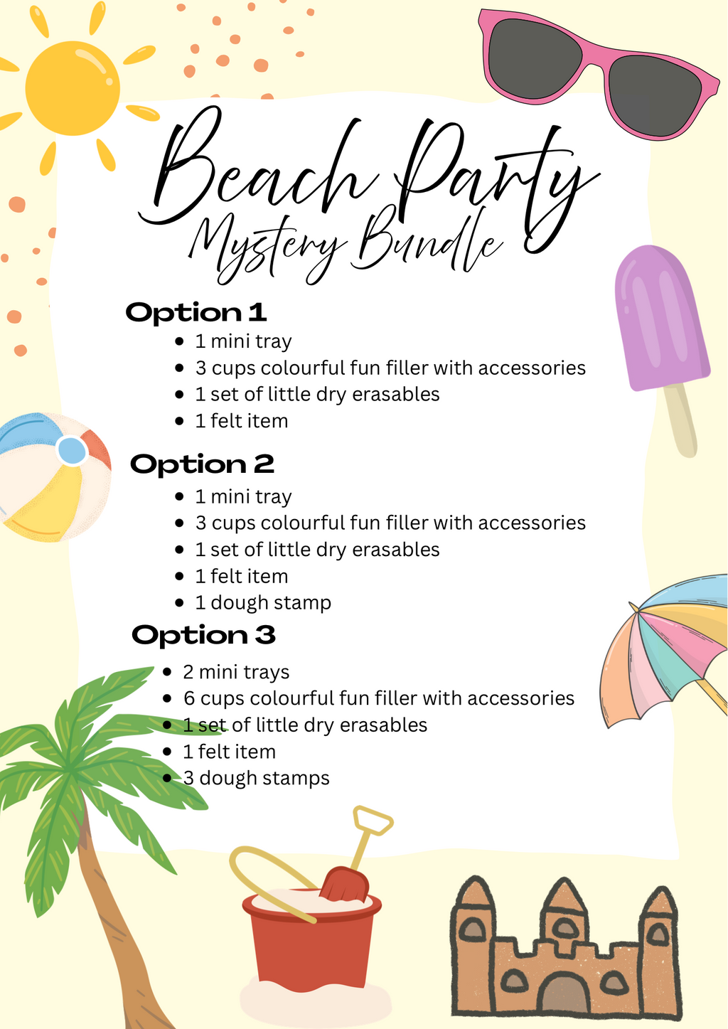 Summer-themed graphic listing three Beach Party mystery bundle options with colorful beach icons and playful fonts.