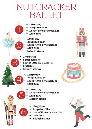 Nutcracker Ballet activity list numbered 1 to 6 with ballerina, nutcracker, drum, tree, soldier, and mouse illustrations