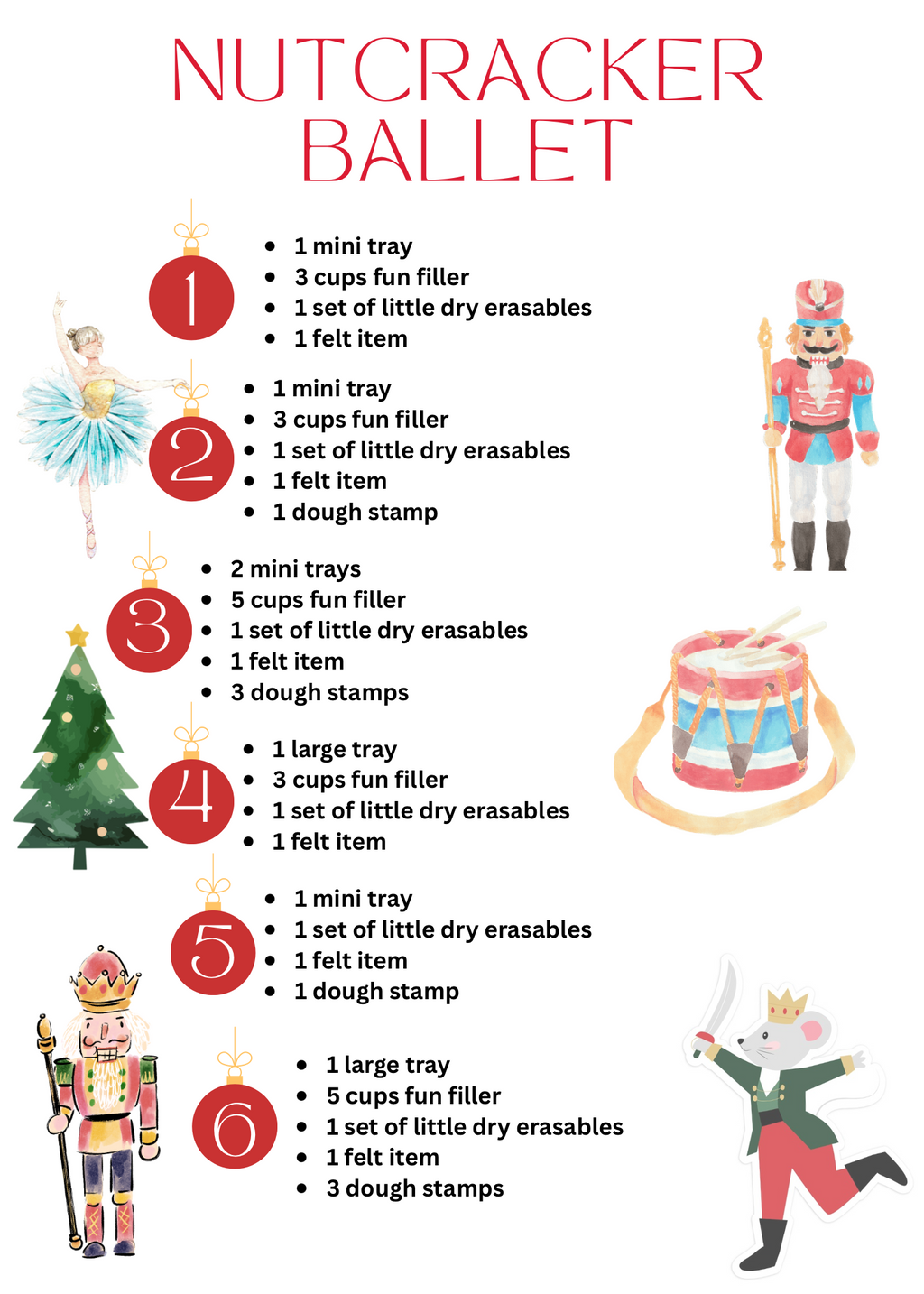 Nutcracker Ballet activity list numbered 1 to 6 with ballerina, nutcracker, drum, tree, soldier, and mouse illustrations