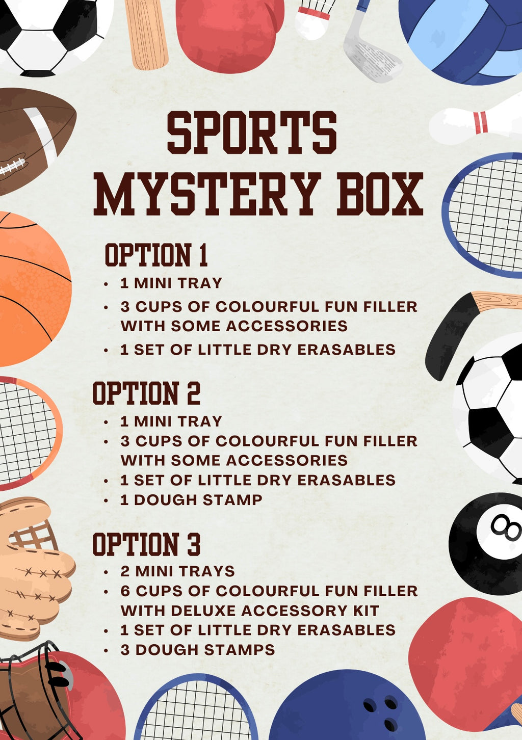 Sports-themed mystery box options listed in bold text surrounded by various illustrated sports equipment on light background