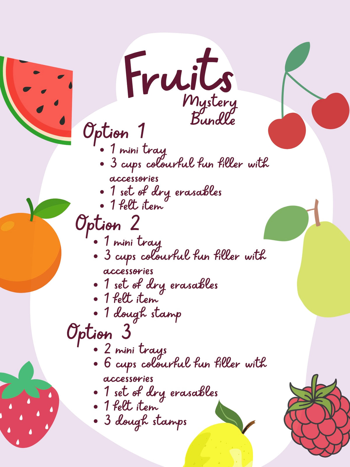 Illustrated fruit icons including watermelon, cherries, orange, pear, strawberry, and raspberry surrounding mystery bundle text.