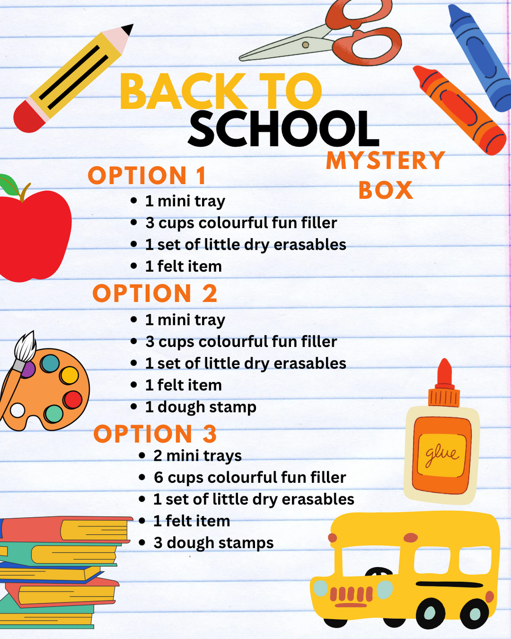 Illustrated school supplies on lined paper background with back to school mystery box options and colorful icons