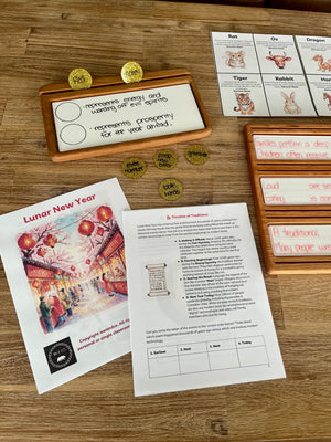 Digital Download | Lunar New Year Unit Study spread on a wood surface featuring printed learning sheets with zodiac animal illustrations, wooden coins with writing, and dry erase boards with red text, handcrafted homeschool education resources.