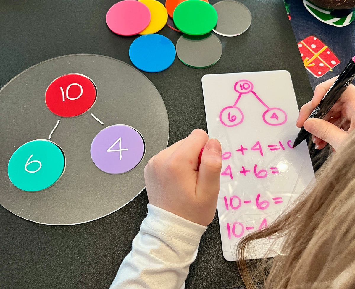 Child using an Acrylic Dry Erasable Multi-Use Circle Bond Graphic Organizer with colorful discs, writing math equations on a clear board as a handcrafted homeschool educational resource.