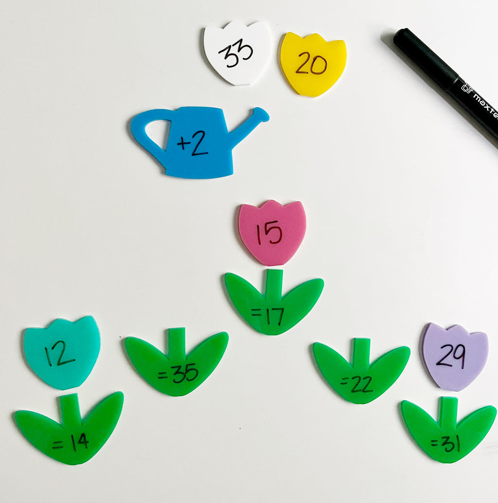 Little Dry Erasables - 2 Part Pastel Flowers with Watering Can showing colorful pastel flower petals and green leaves with handwritten math equations and a blue watering can, black dry erase marker, handcrafted homeschool education resources.