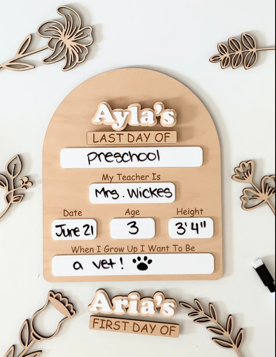 Wooden dry erase first and last day of school sign with child’s name, grade, teacher, date, age, and height details