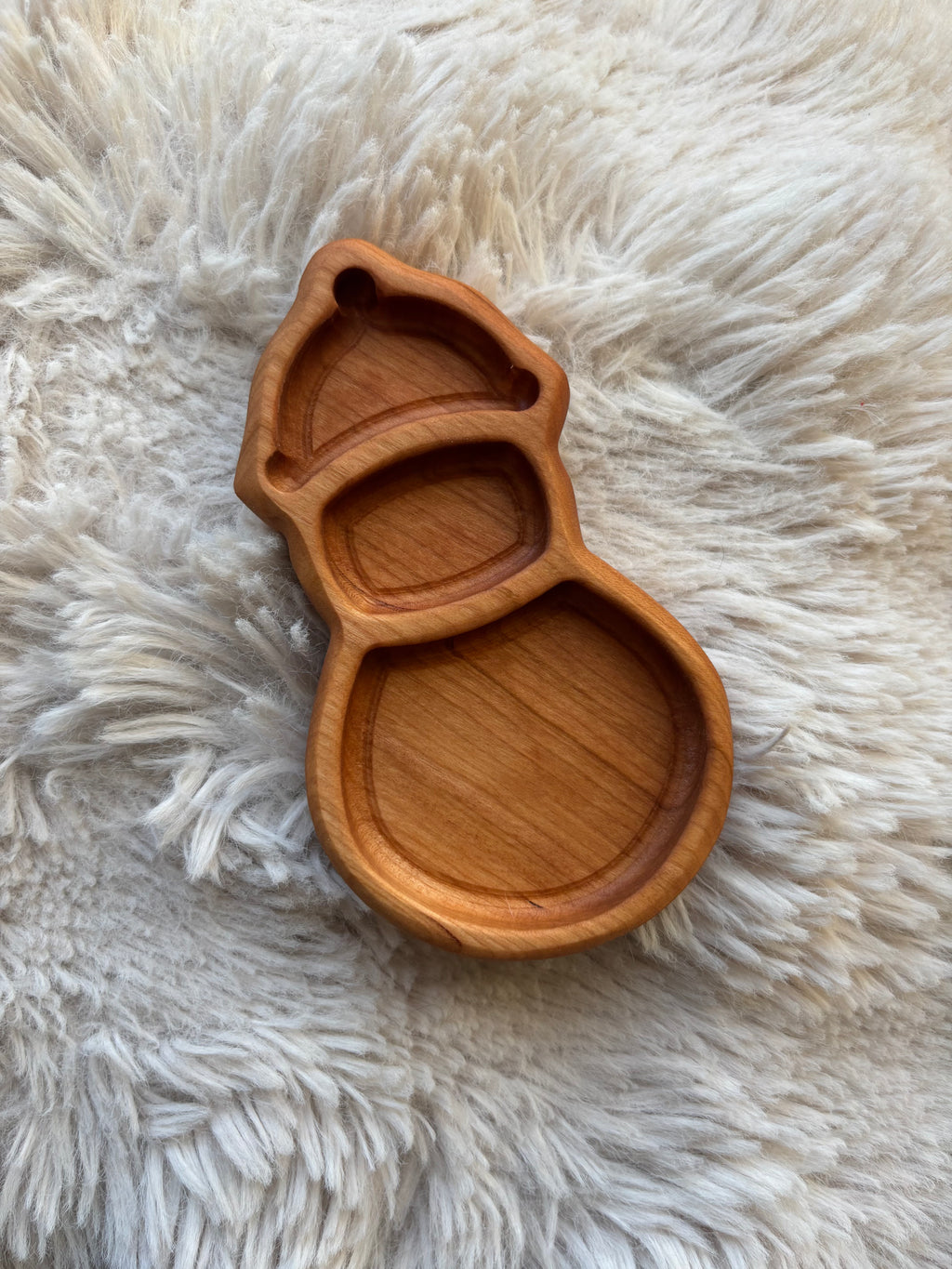 Ready to Ship, Snowman Mini Tray carved from smooth natural wood with three distinct compartments, handcrafted homeschool educational resources and sensory filler wood tray.