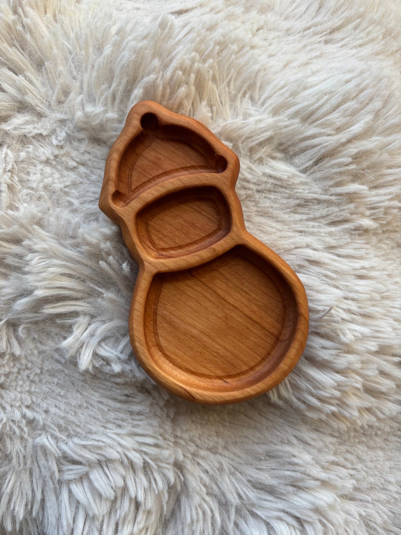 Ready to Ship, Snowman Mini Tray carved from smooth natural wood with three distinct compartments, handcrafted homeschool educational resources and sensory filler wood tray.